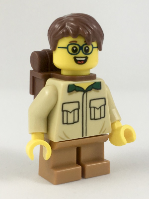 LEGO Minifigure-Camper, Male Child, Tan Shirt, Medium Dark Flesh Short Legs, Glasses, Backpack-Town / City / Recreation-cty915-Creative Brick Builders